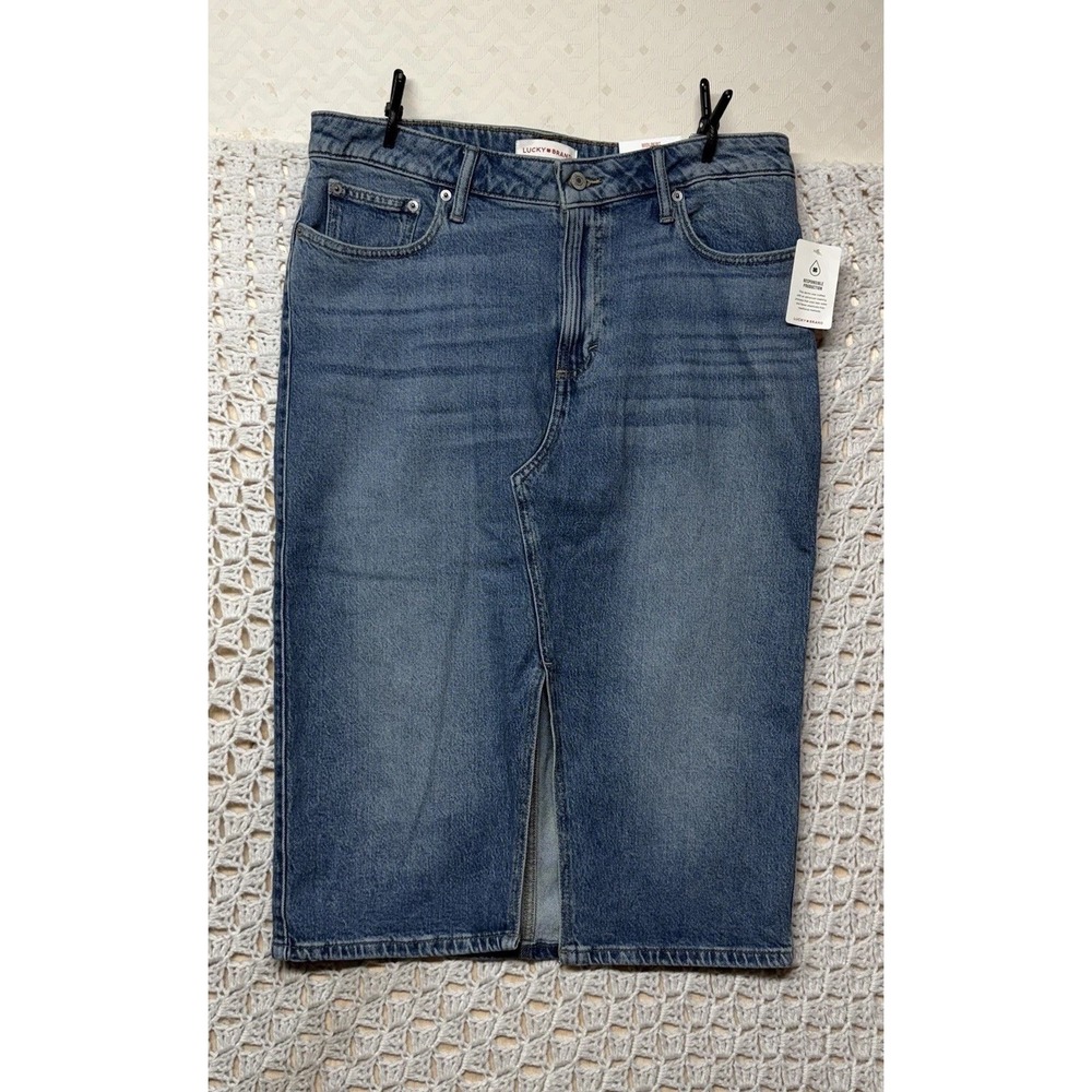 Lucky Brand Denim Midi Skirt Womens 12/31 Blue  Denim Medium Wash Jean Skirt NWT